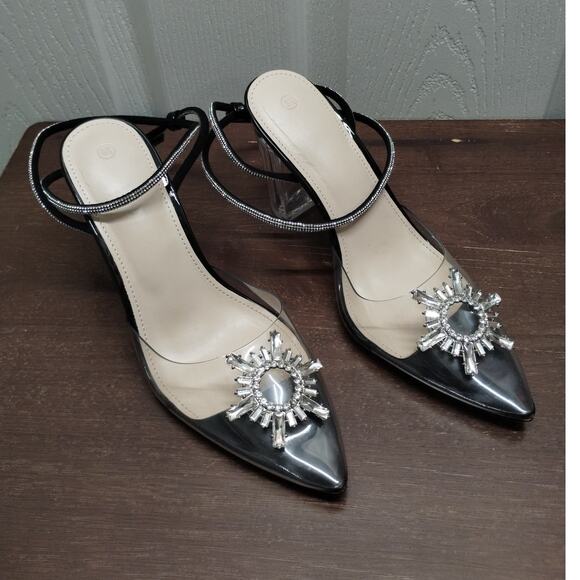 ZBY Women's Size 6.5 Clear Rhinestone Strappy Ankle Pointed Toe Block Heels - Picture 1 of 7